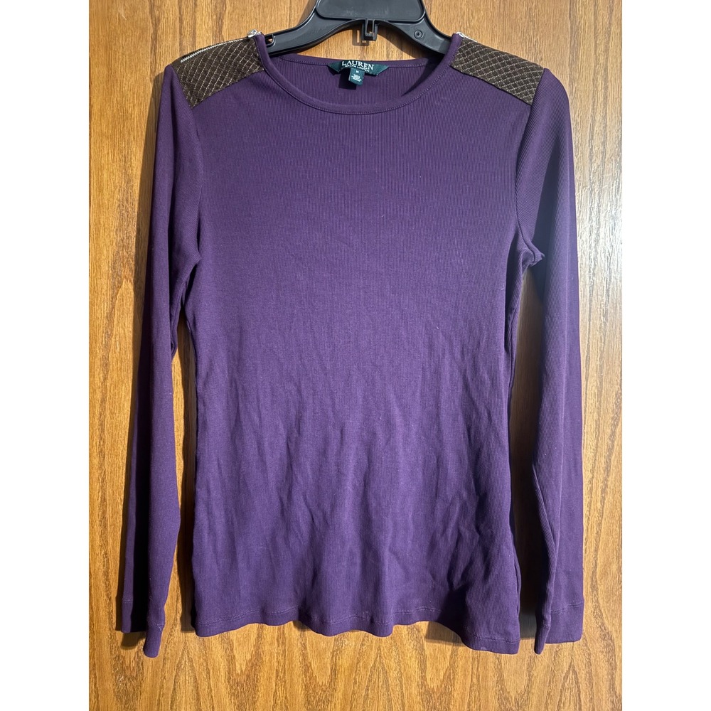 Lauren Ralph Lauren Purple Ribbed Long Sleeve Top Faux Suede Shoulder Patches M